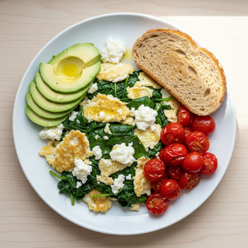 Egg White and Spinach Scramble with Cottage Cheese and Cherry Tomatoes