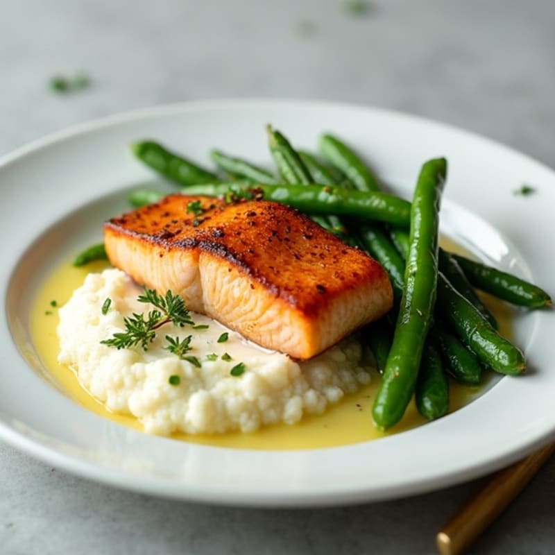 Seared Salmon with Garlic Green Beans and Cauliflower Mash