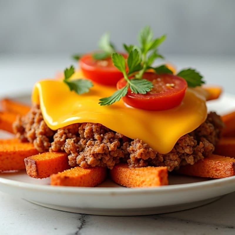 Crispy Sweet Potato Fries with Spiced Turkey and Cheese