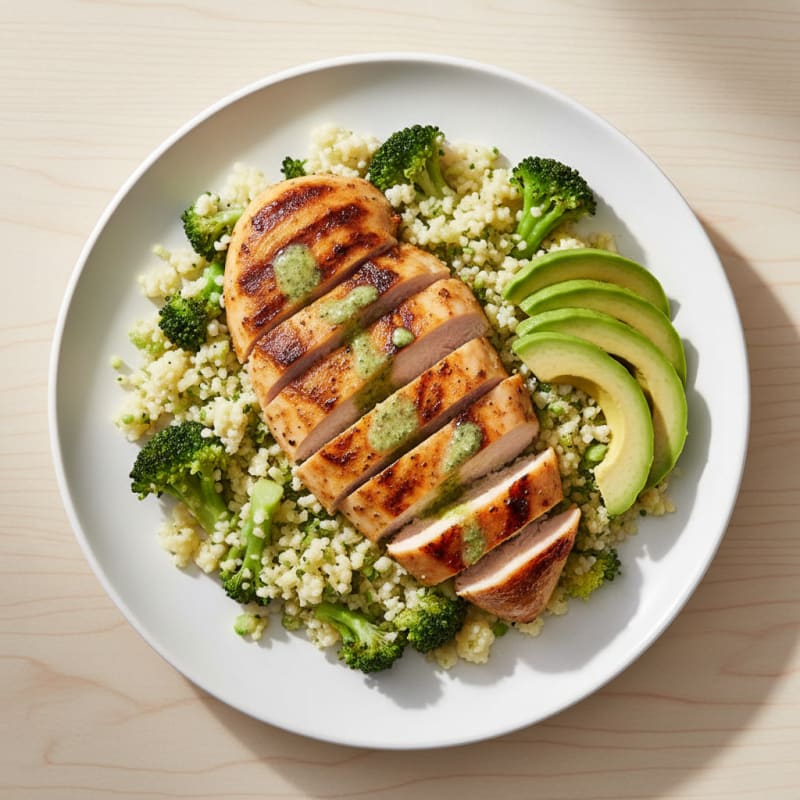 Grilled Chicken Breast with Cauliflower Rice and Avocado Slices