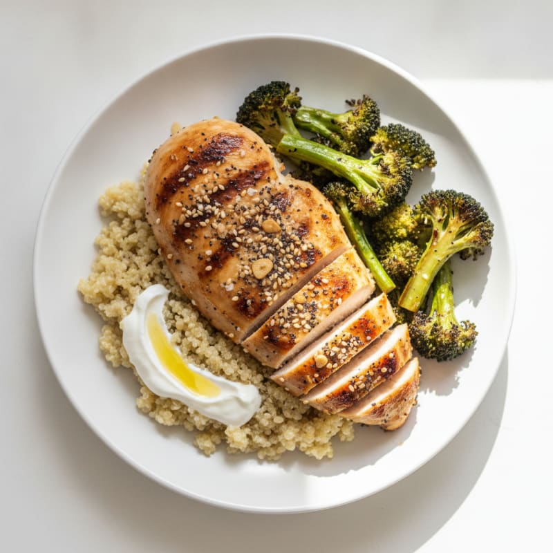 Grilled Chicken Breast with Creamy Quinoa and Roasted Broccoli