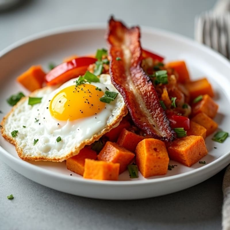 Crispy Sweet Potato Hash with Sunny Eggs and Turkey Bacon