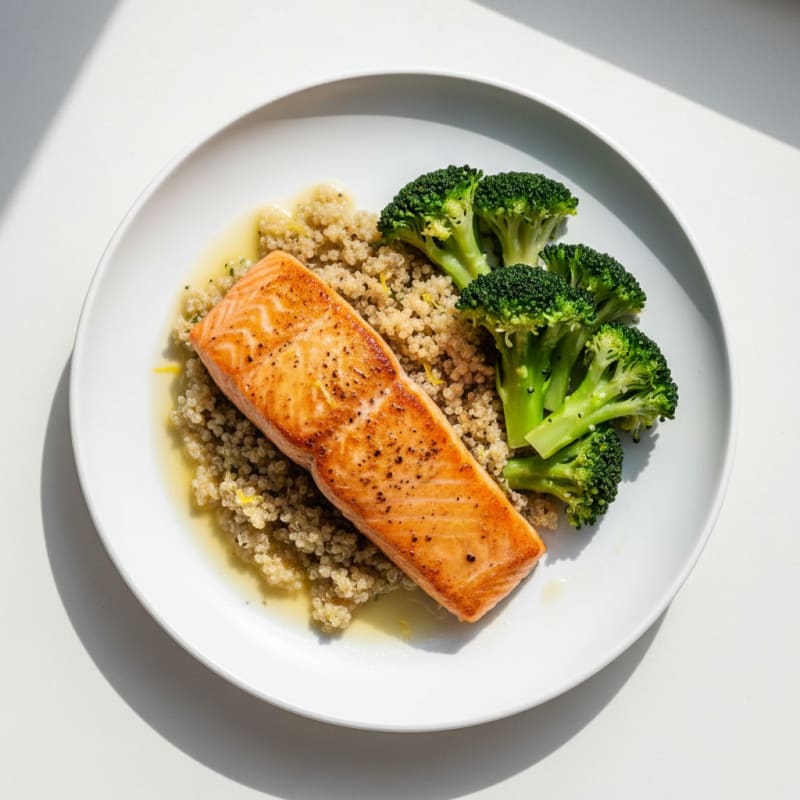 Pan-Seared Salmon with Steamed Broccoli and Lemon Quinoa