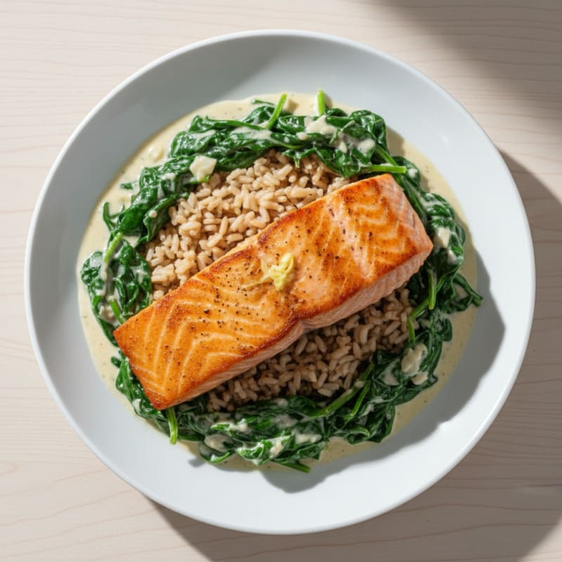 Seared Salmon with Creamy Spinach and Brown Rice