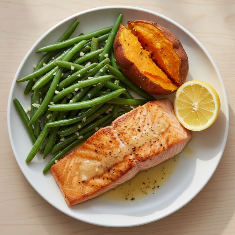 Seared Salmon Fillet with Garlic Green Beans and Baked Sweet Potato