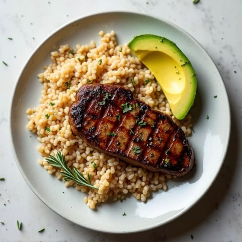 Herb-Seared Steak with Brown Rice and Creamy Avocado