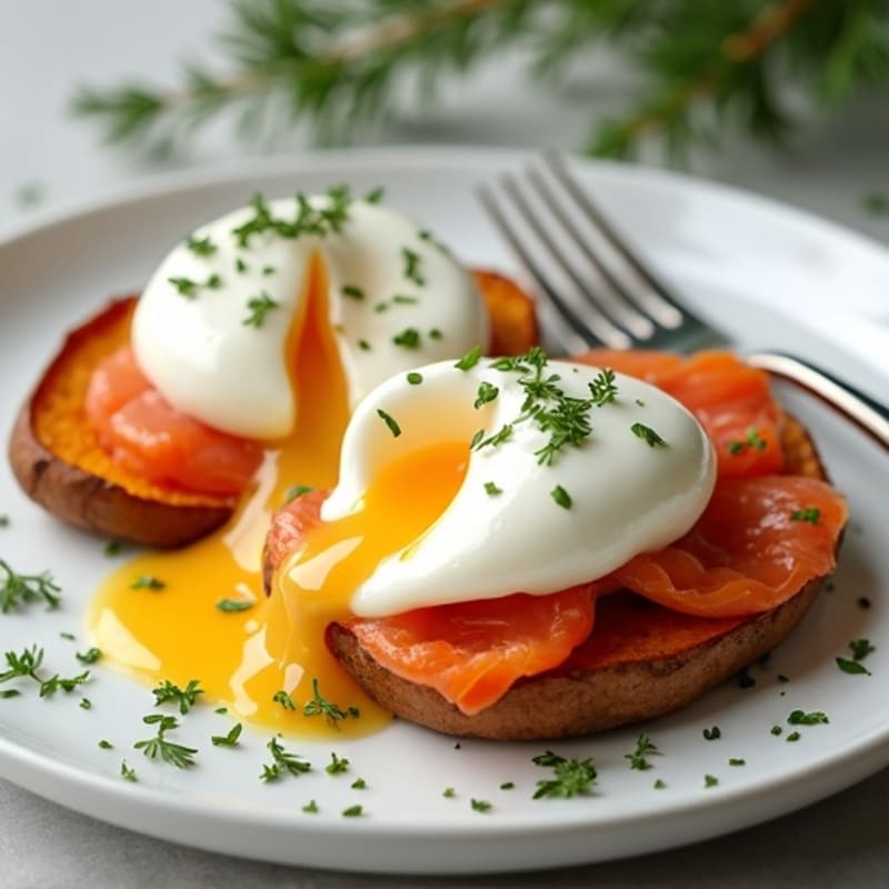 Poached Eggs with Smoked Salmon and Roasted Sweet Potato with Creamy Lemon-Herb Sauce
