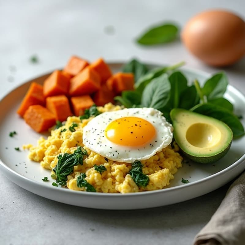 Cottage Cheese Scramble with Spinach and Roasted Sweet Potato
