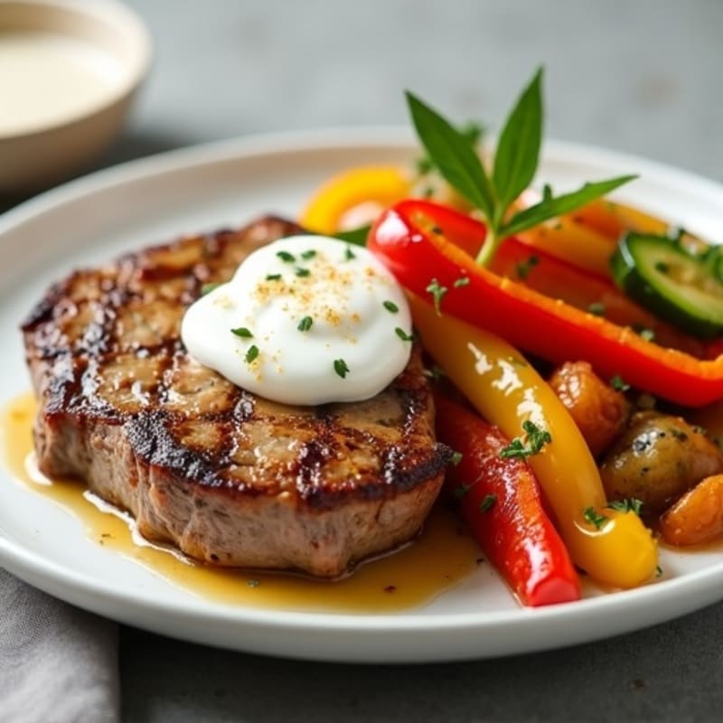 Seared Sirloin with Sautéed Bell Peppers and Caramelized Onions with Creamy Cheesy Sauce