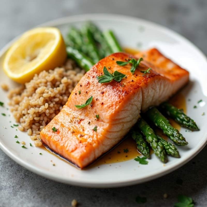 Seared Salmon with Steamed Asparagus and Brown Rice