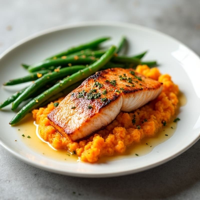 Seared Salmon with Garlic Green Beans and Sweet Potato Mash