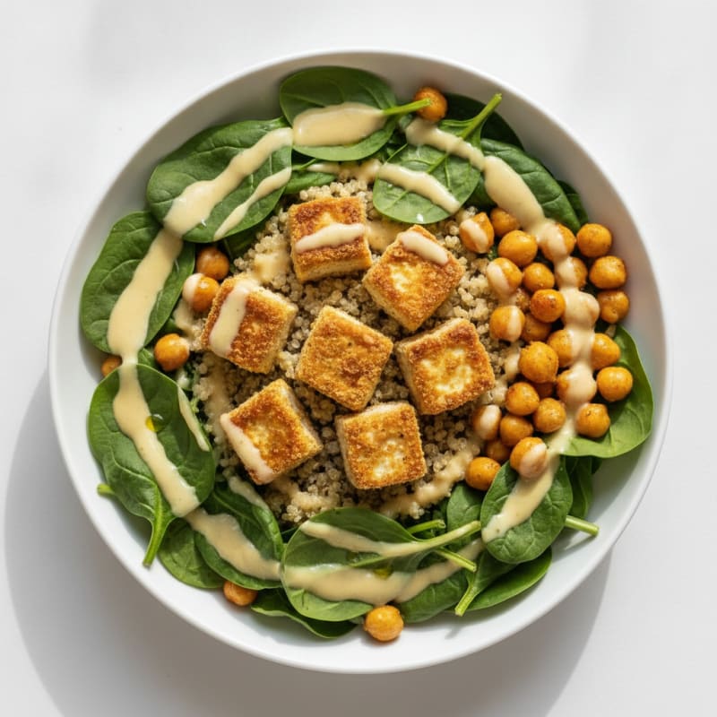 Crispy Tofu Power Bowl with Quinoa, Roasted Chickpeas, and Lemon-Tahini Dressing