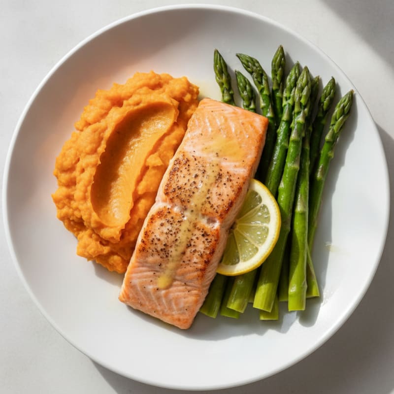 Baked Salmon with Steamed Asparagus and Sweet Potato Mash