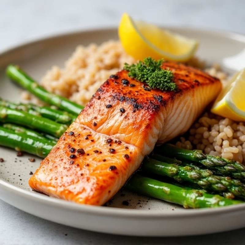 Seared Salmon with Steamed Asparagus and Brown Rice