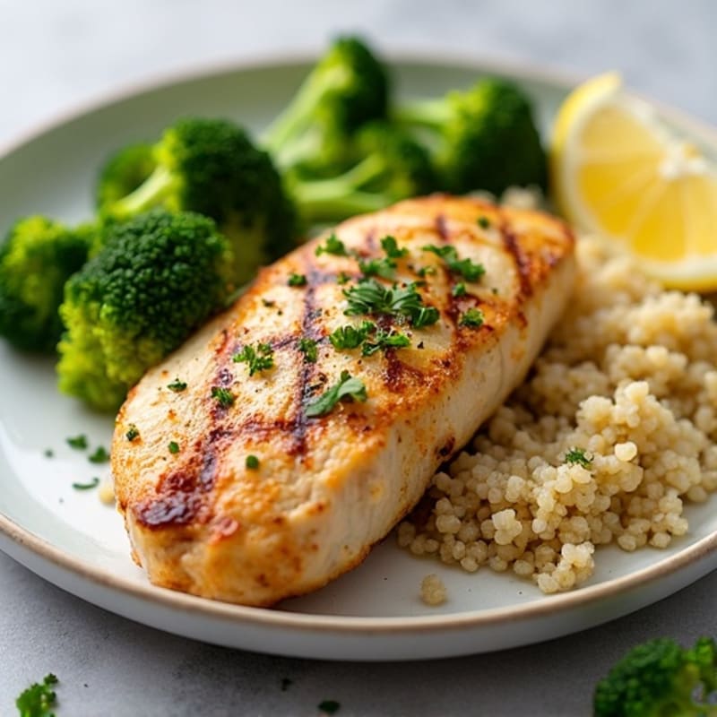 Grilled Lemon-Garlic Chicken Breast with Quinoa and Steamed Broccoli
