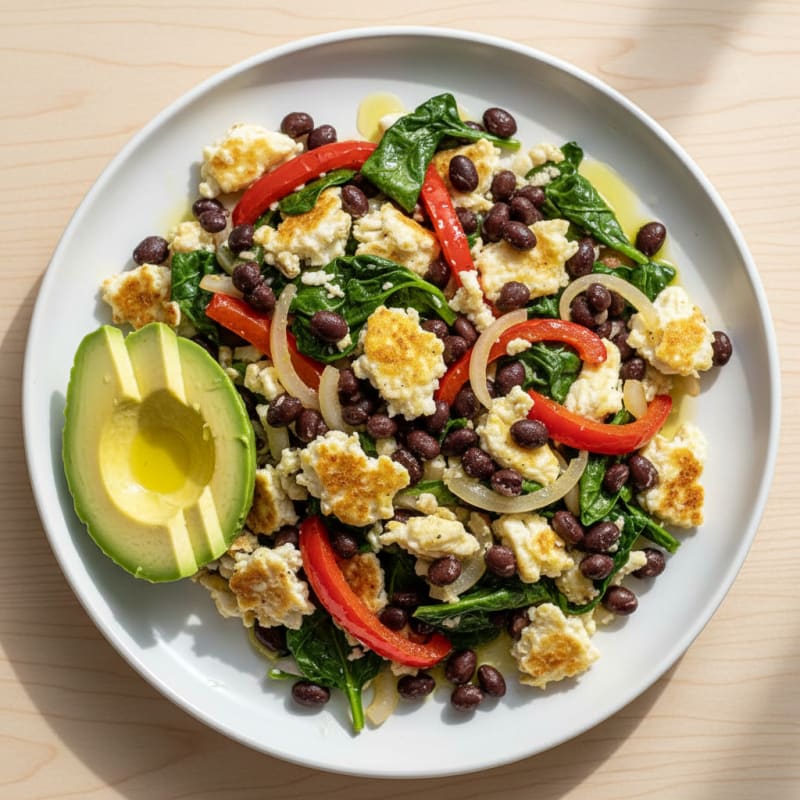 Egg White Veggie Scramble with Black Beans and Spinach