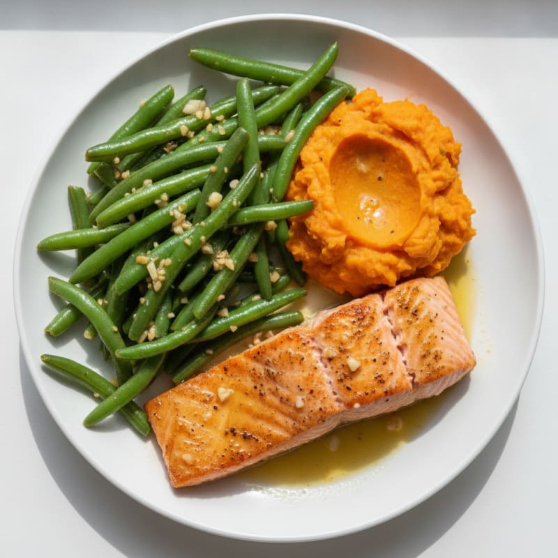 Seared Salmon with Garlic Green Beans and Mashed Sweet Potato