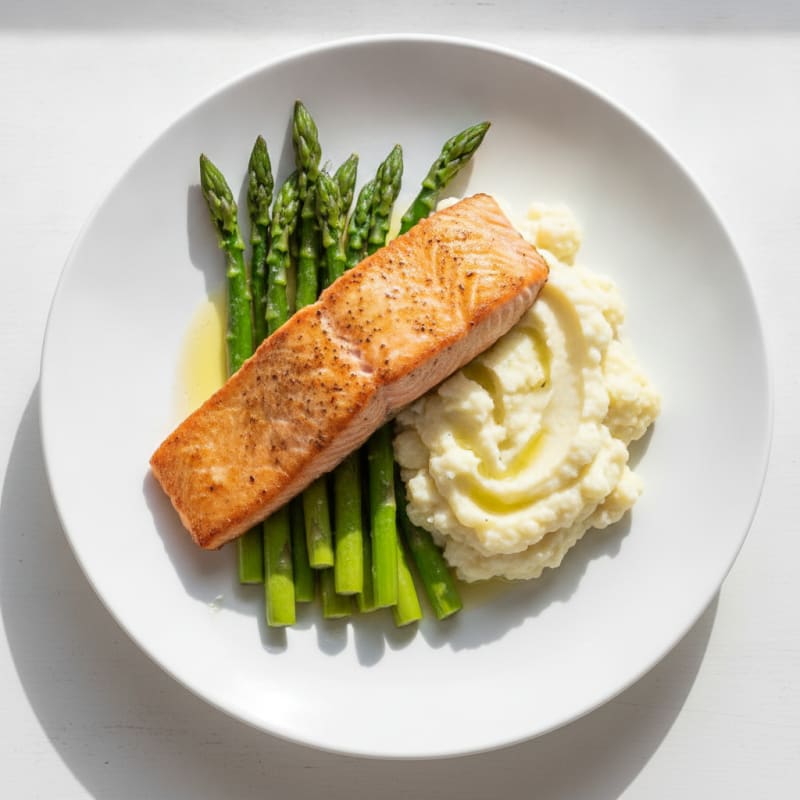 Seared Salmon with Steamed Asparagus and Garlic Mashed Cauliflower