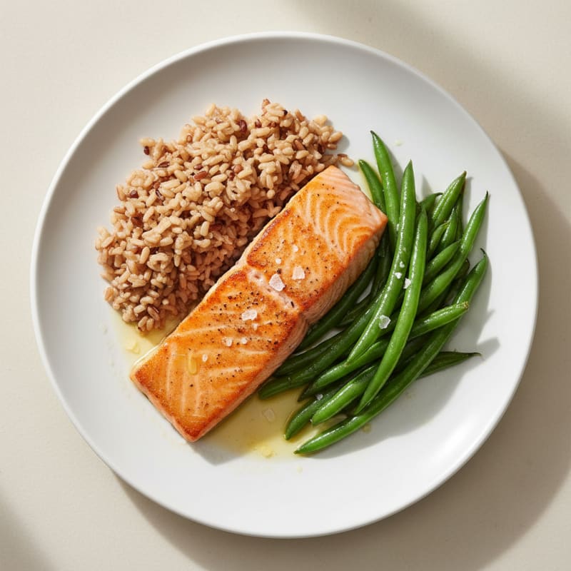 Seared Salmon Fillet with Steamed Green Beans and Brown Rice