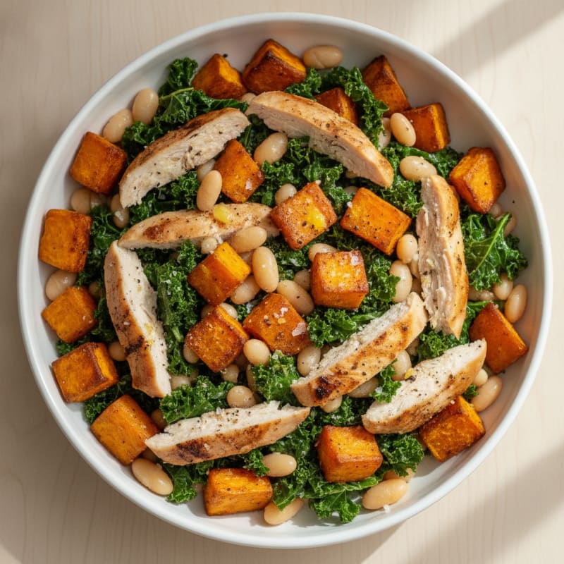 Roasted Sweet Potato and Kale with White Beans