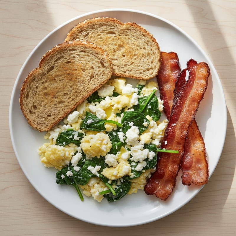 Cottage Cheese Egg Scramble with Spinach and Turkey Bacon
