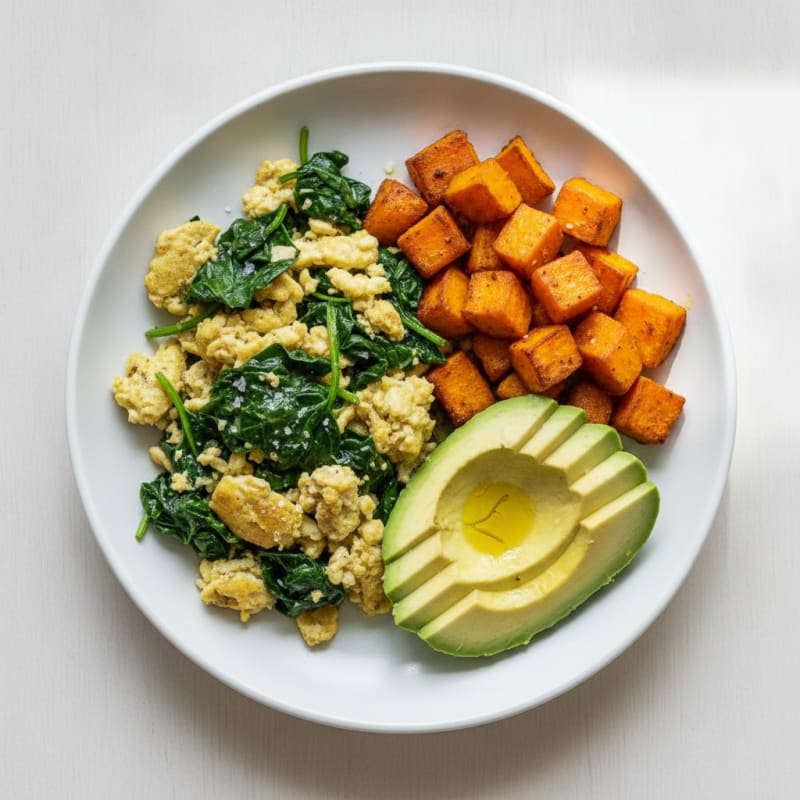Egg White Spinach Scramble with Roasted Sweet Potato
