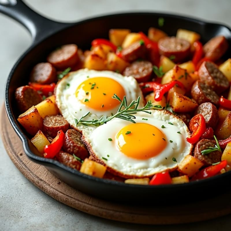 Crispy Potato and Egg Breakfast Skillet with Lean Turkey Sausage and Bell Peppers