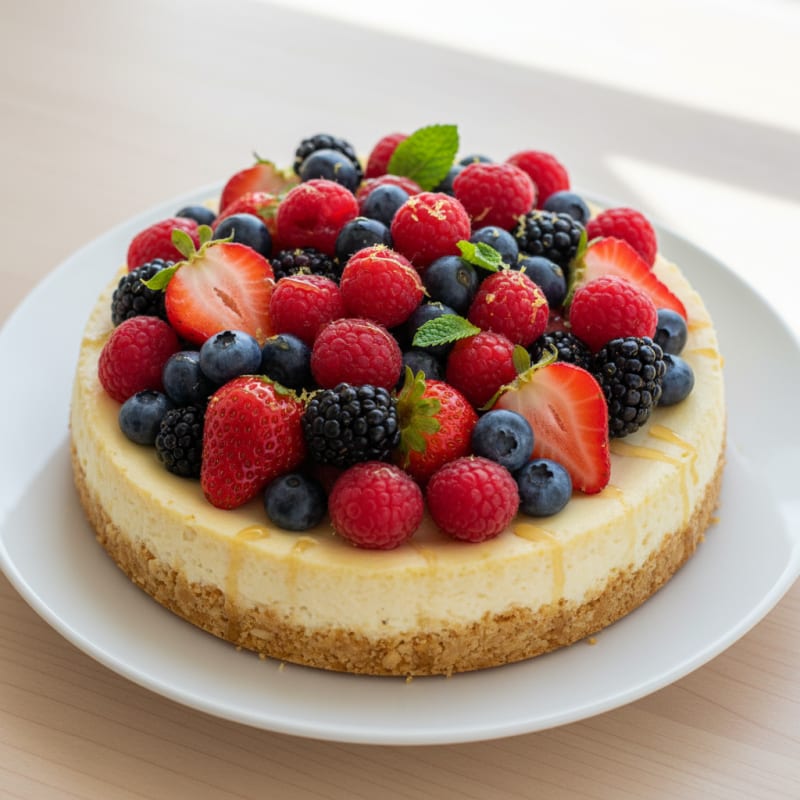 Greek Yogurt Protein Cheesecake with Mixed Berries