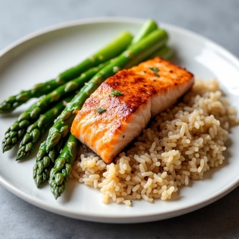 Seared Salmon with Steamed Asparagus and Brown Rice