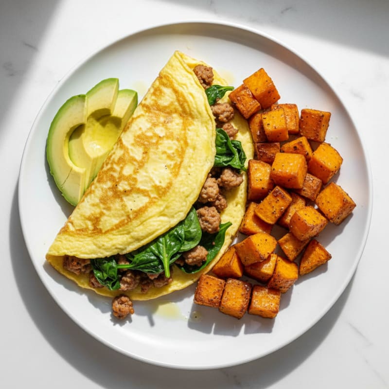 Egg White Spinach Omelette with Turkey Sausage and Roasted Sweet Potatoes