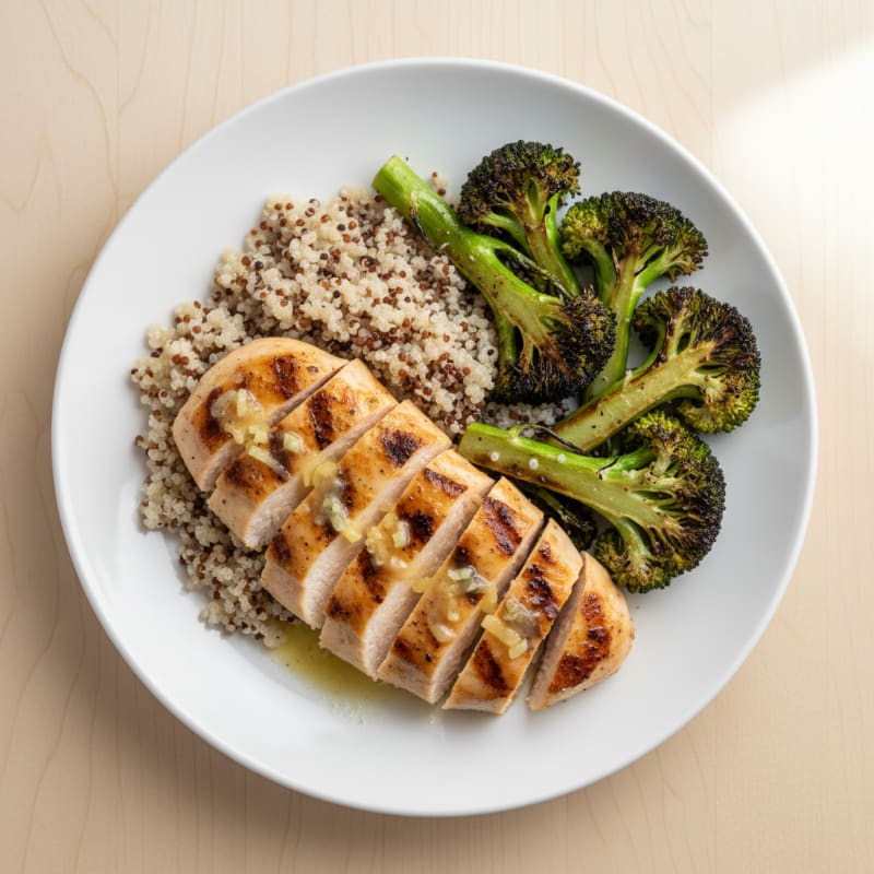 Grilled Lemon-Garlic Chicken Breast with Quinoa and Roasted Broccoli
