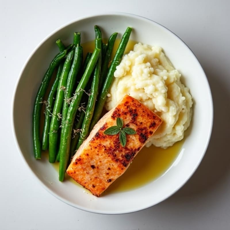 Seared Salmon with Garlic Green Beans and Cauliflower Mash