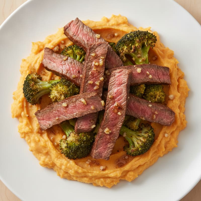 Seared Lean Beef Strips with Roasted Broccoli and Garlic Sweet Potato Mash