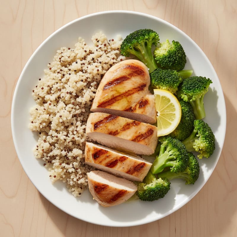 Grilled Chicken Breast with Steamed Broccoli and Quinoa