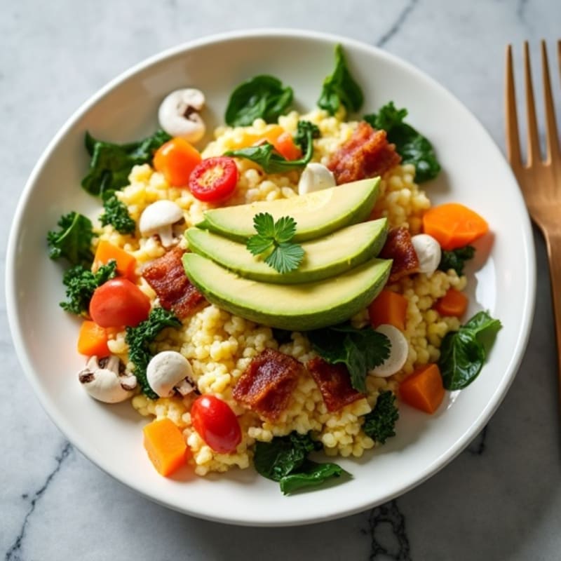 Egg White Veggie Scramble with Cottage Cheese and Turkey Bacon