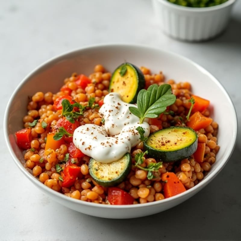 Creamy Spiced Lentil and Roasted Vegetable Bowl