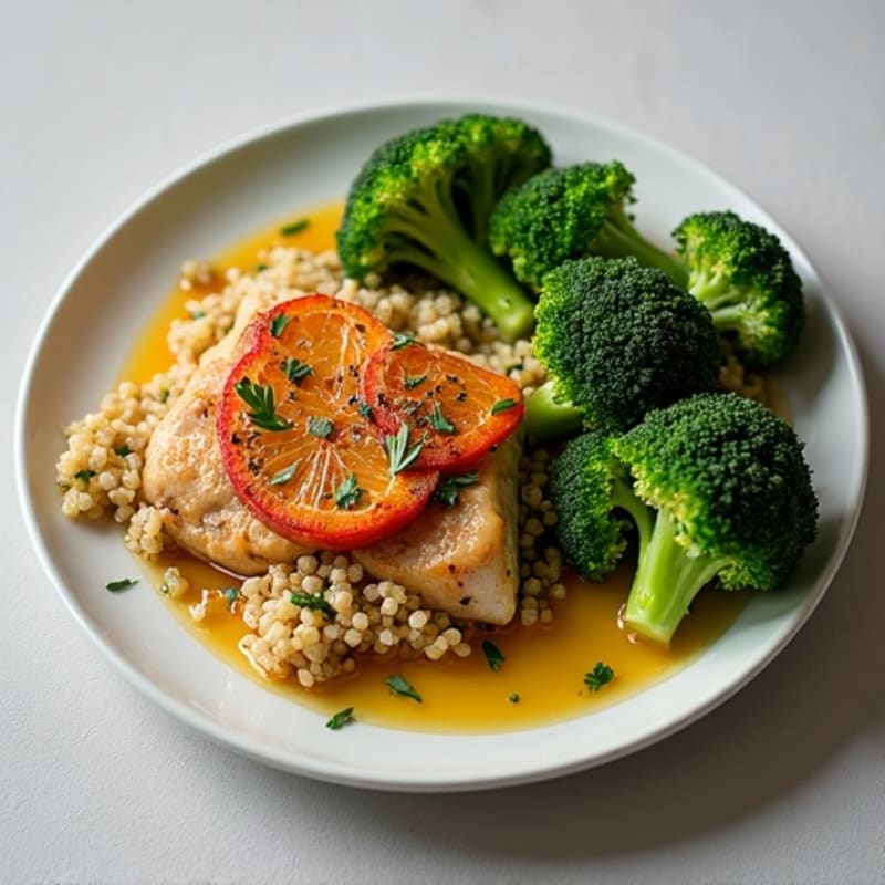 Seared Chicken Thighs with Roasted Broccoli and Quinoa