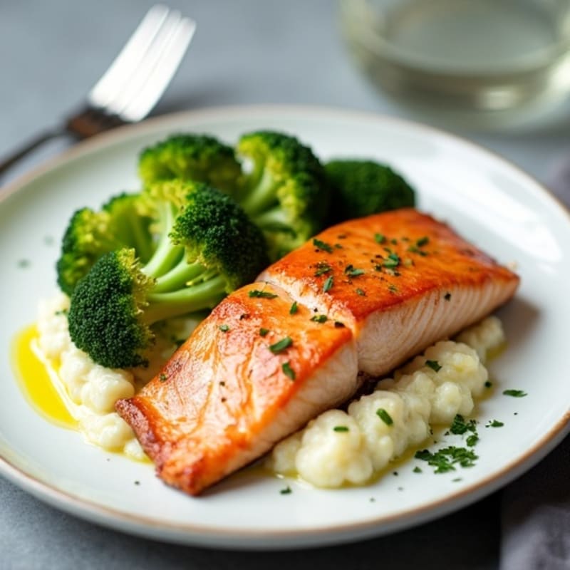 Seared Salmon Fillet with Roasted Broccoli and Garlic Mashed Cauliflower