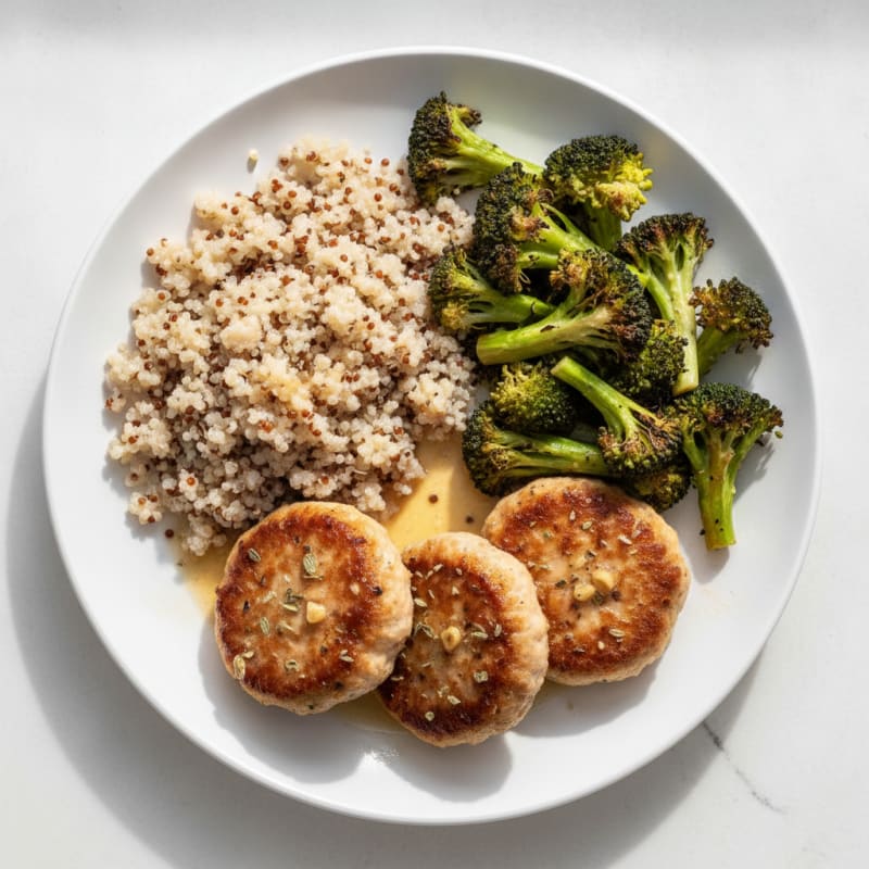 Seared Turkey Patties with Roasted Broccoli and Quinoa
