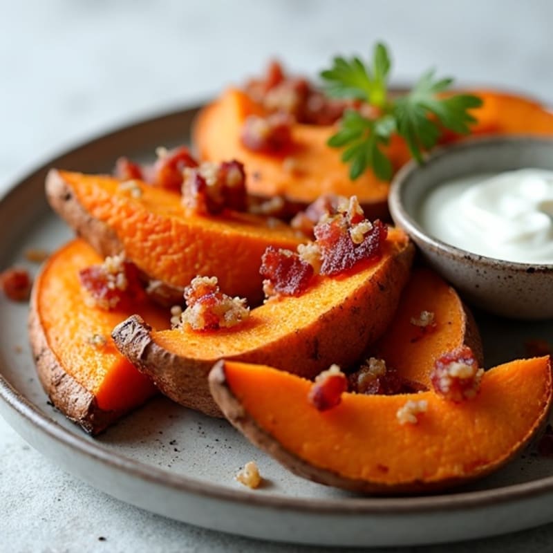 Crispy Sweet Potato Wedges with Turkey Bacon Crumbles