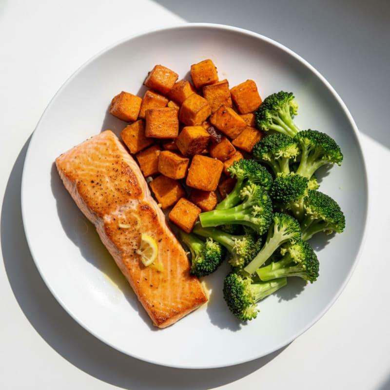 Seared Salmon with Roasted Sweet Potatoes and Steamed Broccoli