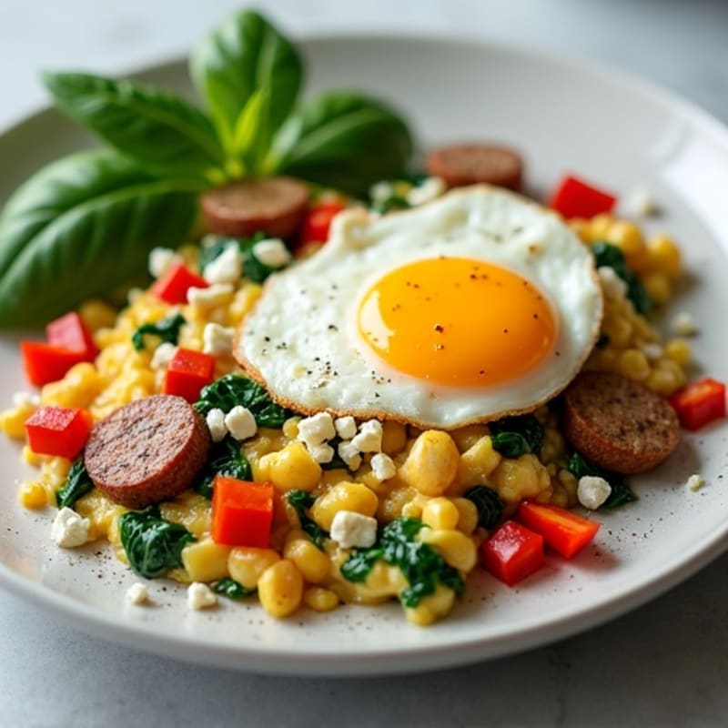 Egg White and Turkey Sausage Scramble with Spinach, Red Bell Pepper, and Feta