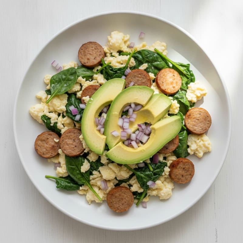 Egg White Scramble with Turkey Sausage and Sautéed Spinach