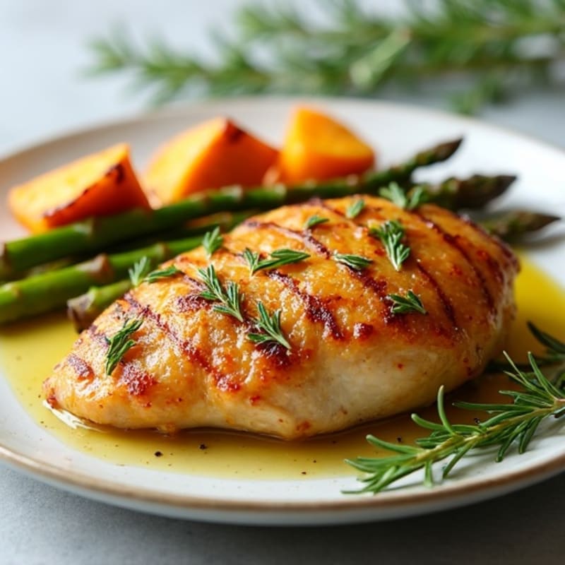 Crispy Lemon Herb Roasted Chicken with Roasted Asparagus and Sweet Potatoes