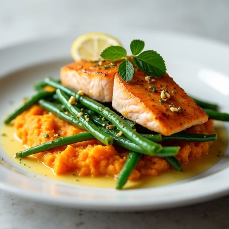 Seared Salmon with Lemon Garlic Green Beans and Sweet Potato Mash