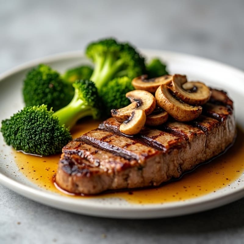 Grilled Sirloin Steak with Roasted Broccoli and Garlic Mushrooms