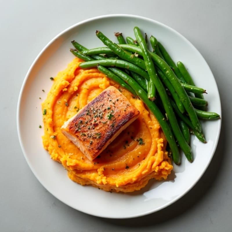 Seared Salmon with Garlic Green Beans and Sweet Potato Mash