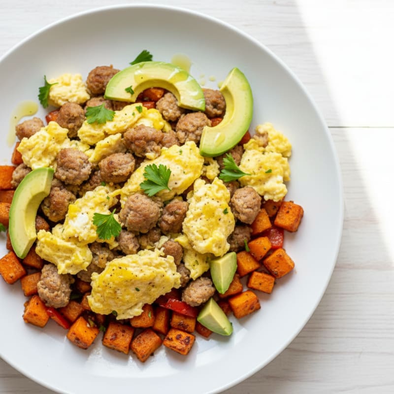 Scrambled Eggs with Turkey Sausage and Roasted Sweet Potato Hash