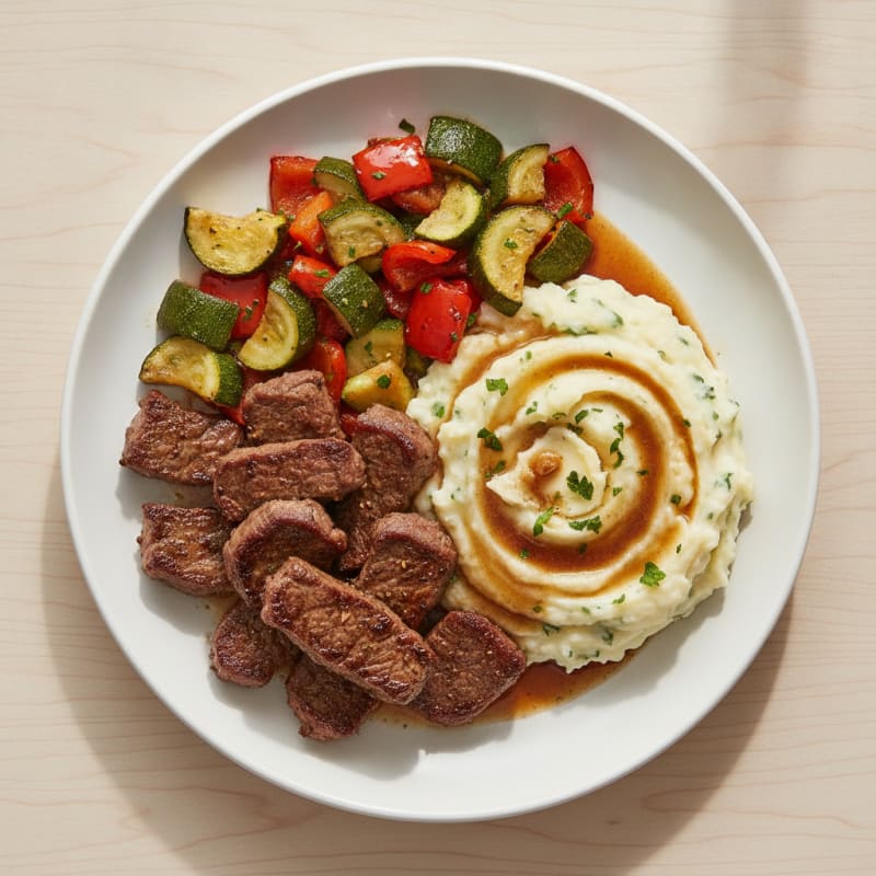 Seared Beef Strips with Roasted Vegetables and Garlic Mashed Potatoes