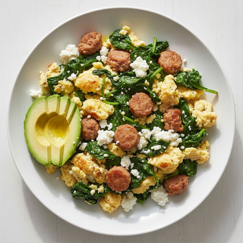 Cottage Cheese Scramble with Spinach and Turkey Sausage